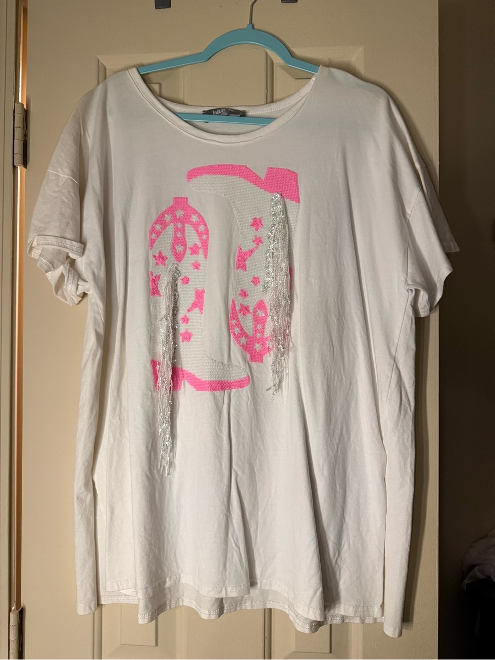 White Graphic Tee with Pink Boot Print